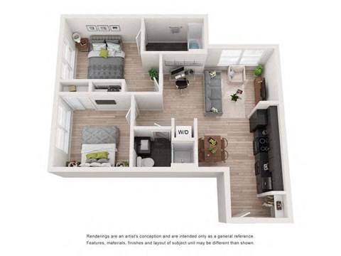Floor plan for 2 beds, 1 bath, 765 sqft